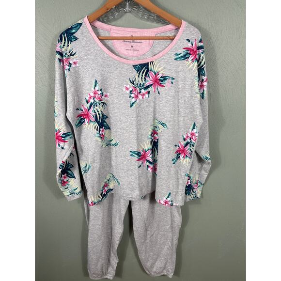 Tommy Bahama Pajama Set Women Medium Gray Floral Crew Neck Long Sleeve Sleepwear - Picture 11 of 12